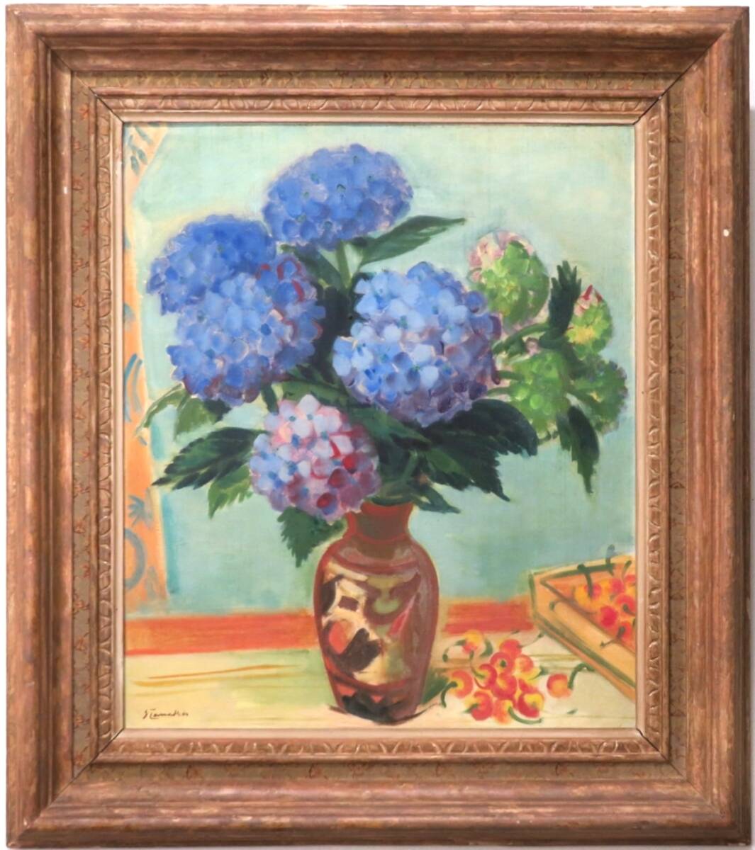 ◇真作◇ 田中繁吉 『花瓶に紫陽花』 10号 師:藤島武二 創元会理事長 日展参与拍卖