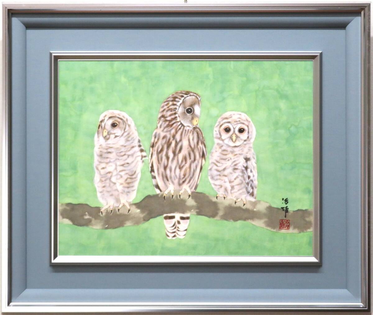 治雄 【落款あり】 『三羽の梟』 6号 紙本 日本画拍卖