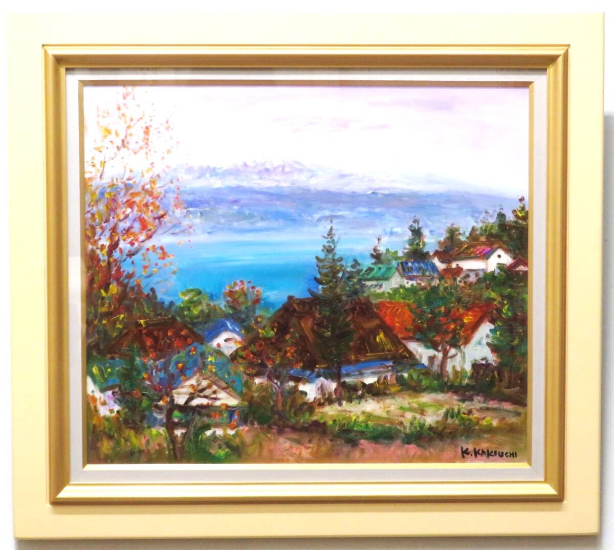 ◇真作◇ 垣内カツアキ 『八ヶ岳と諏訪湖を望む丘の眺め』 10号 ル・サロン永久会員 一陽会会員拍卖