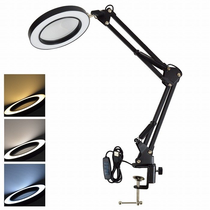 【新品即納】LEDライト付き 卓上 拡大鏡 5倍 ルーペ 360°回転 アーム グリップ USB電源 スタンドルーペ 手芸 作業 読書拍卖