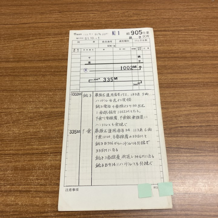 ▲01)【1点限り!】【希少】鉄道運転士仕業票/銚子区所/千葉/組905仕業/昭和51年10月1日施行/通達第448号/1002M/335M/電車/運転士時刻表/A拍卖