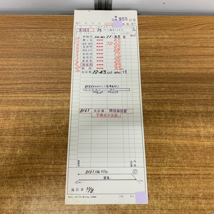 ▲01)【1点限り!】【希少】鉄道運転士仕業票 第B臨955仕業 新鶴見区/列車 8161/施行日 11月8日/電車/運転士時刻表/A拍卖