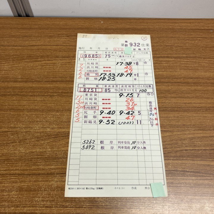 ▲01)【1点限り!】【希少】鉄道運転士仕業票/新鶴見区/第臨B932仕業/列車/9685/8751/電車/運転士時刻表/A拍卖