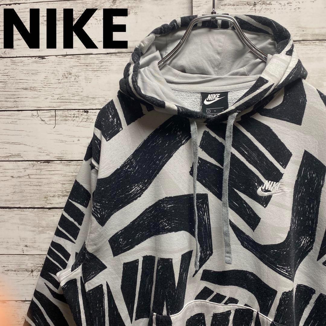 P112【美品】ナイキ クレイジーパターン 刺繍ロゴ 人気のLサイズ パーカー拍卖