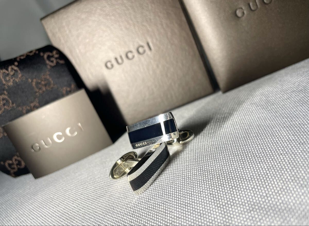即決 GUCCI グッチ ブランドロゴ ブラックオニキス装飾&スターリングシルバー カフス カフリンクス ボタン AG925 SV925 付属品有拍卖