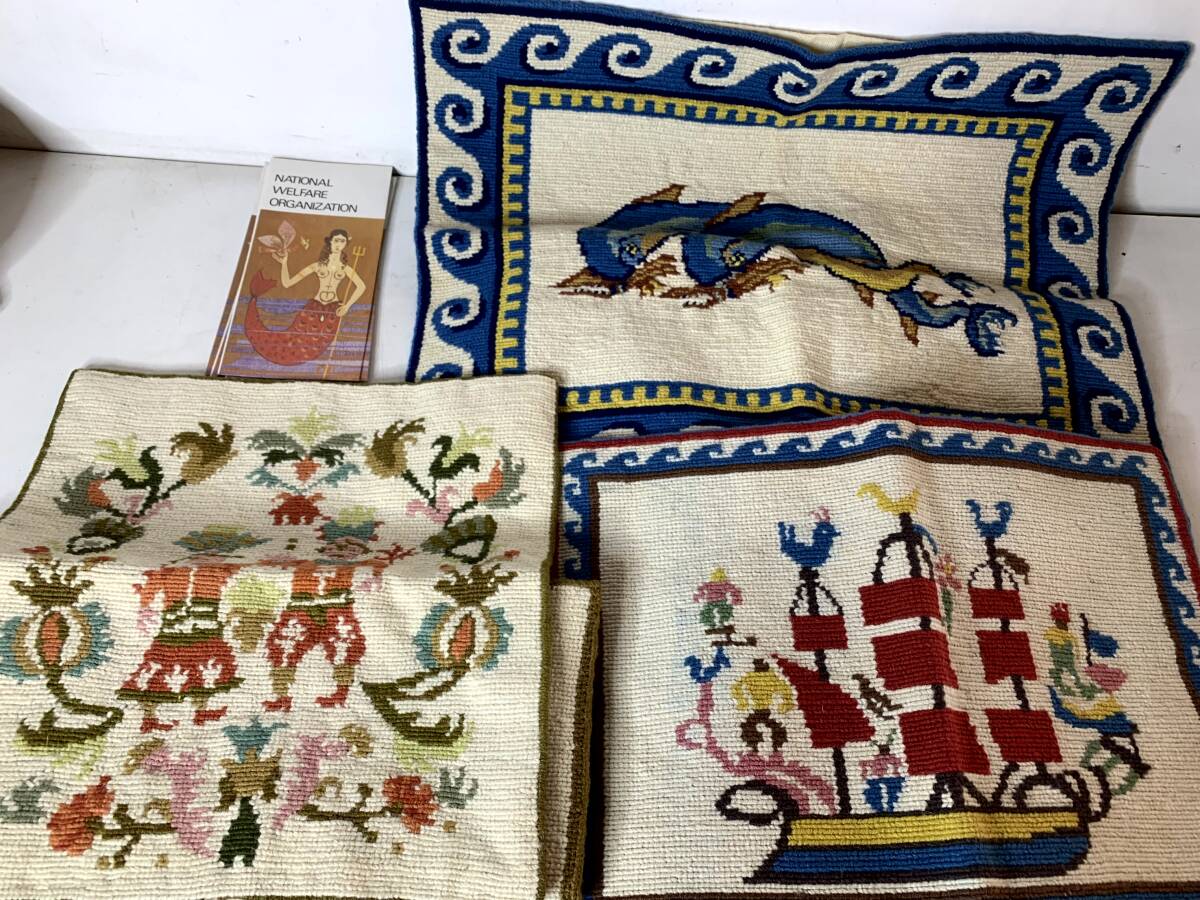 Zo168◆刺繍 マット◆ランチョンマット ? ギリシャ 船 イルカ ? NATIONAL WELFARE ORGANIZATION ギリシャ装飾 セット まとめて拍卖