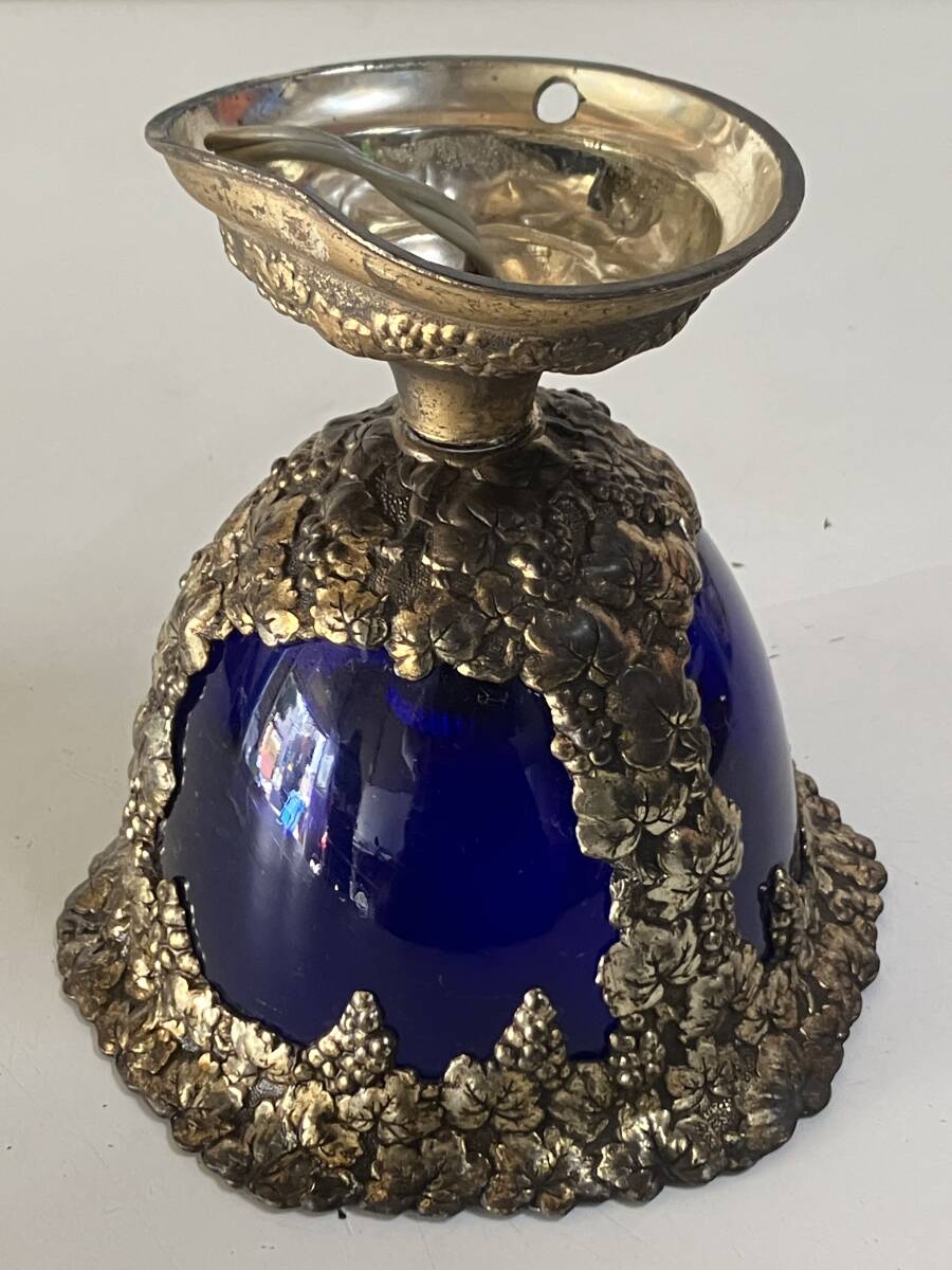 ⑲238◆アンティーク照明◆瑠璃色 ガラスシェード 真鍮 ブラス ぶどう装飾 コバルトブルー MADE IN JAPAN 昭和レトロ 当時物拍卖