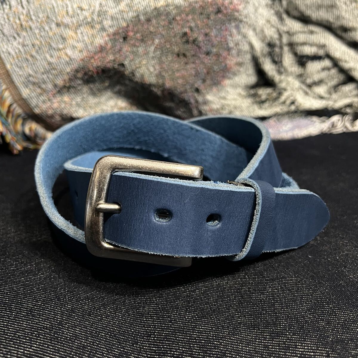 ★お値下げ不可★本革 栃木レザー レザーベルト ブルー 青 青色 牛革 洗い加工 メンズ ベルト ヌメ革 35mm メンズベルト拍卖