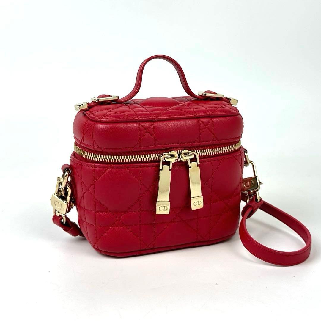 極美品■Christian Dior ディオール マイクロ バニティ ショルダーバッグ 2way カナージュ トロッター ハンドバッグ ラム レザー 赤 レッド拍卖