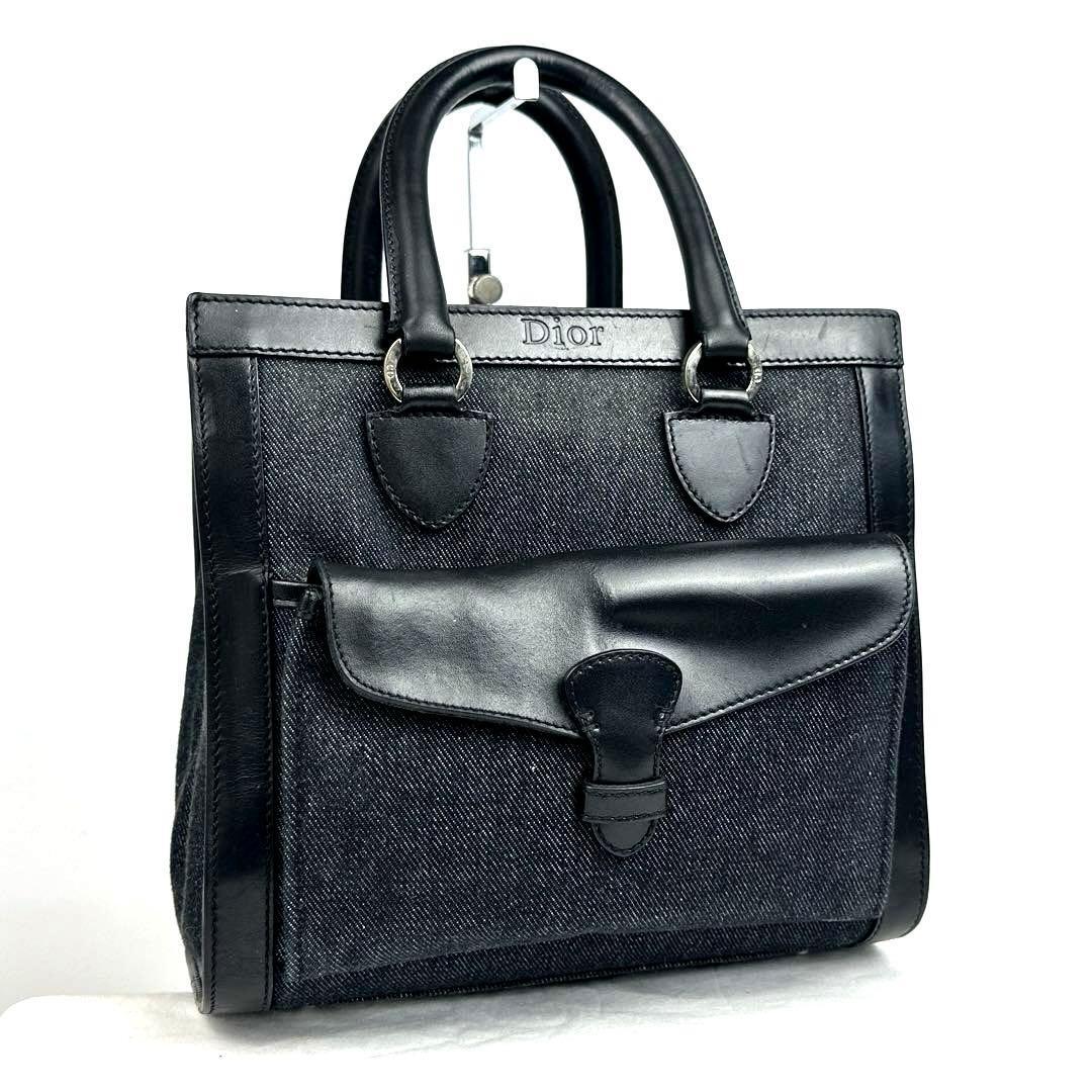 【美品】Christian Dior ディオール トートバッグ トロッター 裏地総柄 ハンドバッグ デニム レザー ブラック 黒色 男女兼用 フォーマル拍卖