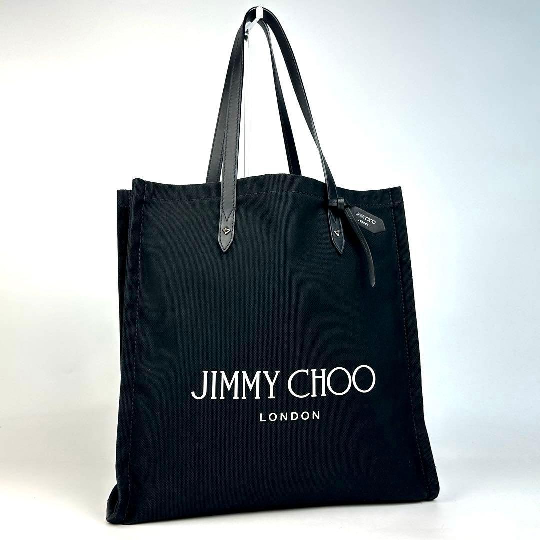 美品●JIMMY CHOO ジミーチュウ トートバッグ ロゴ スタッズ 肩掛け レザー キャンバス 黒 ブラック フォーマル A4収納可 大容量 男女兼用拍卖