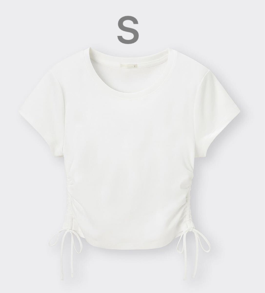 ★新品★ジーユーGUサイドルーシングTホワイト半袖カットソートップスTシャツ白チビTプルオーバー丸首クルーネックSサイズy2kラウンド拍卖