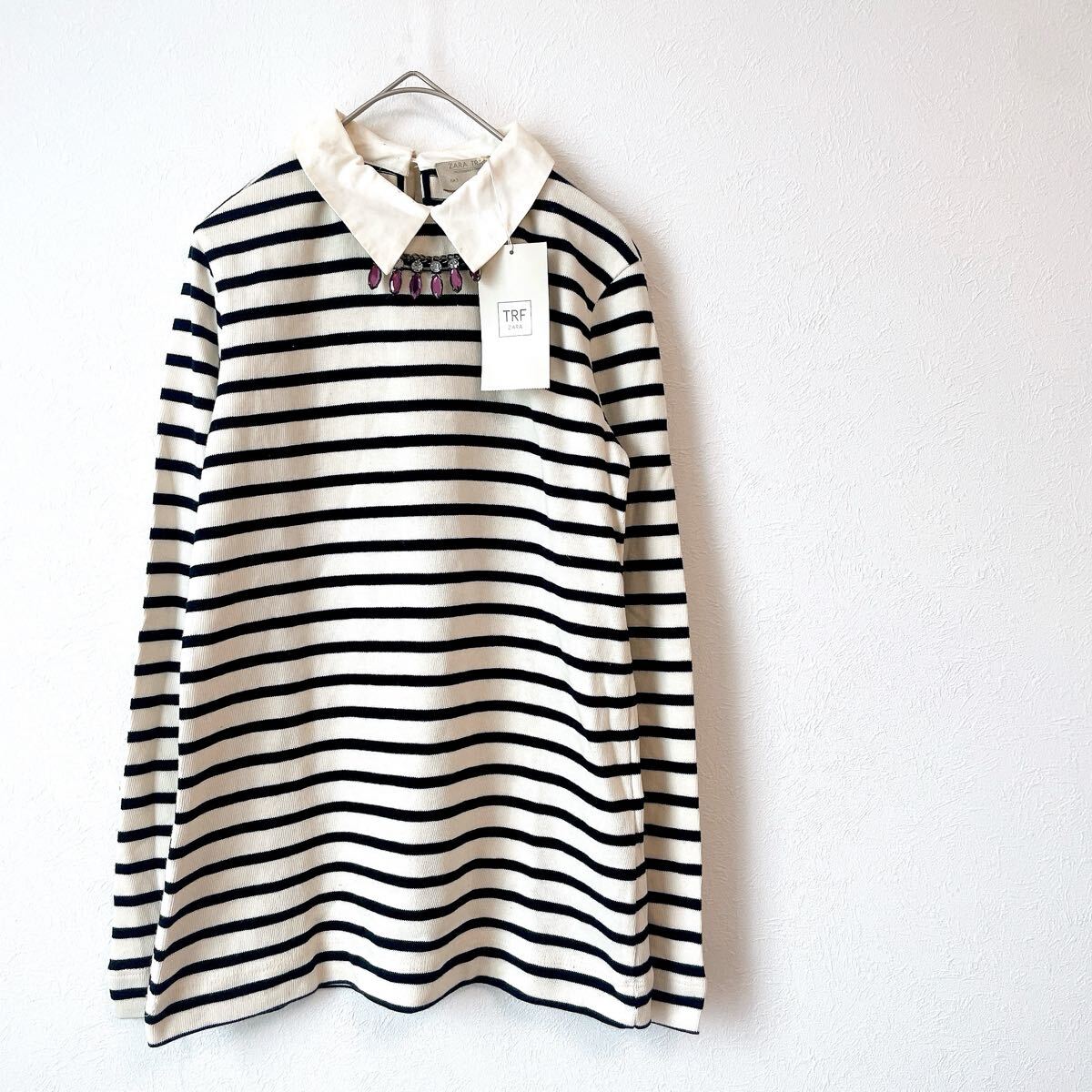 ★新品★ザラZARAボーダー長袖ニットトップス重ね着シャツ プルオーバーSサイズ黒ブラック白ホワイト ビジュー ラインストーン紫パープル拍卖