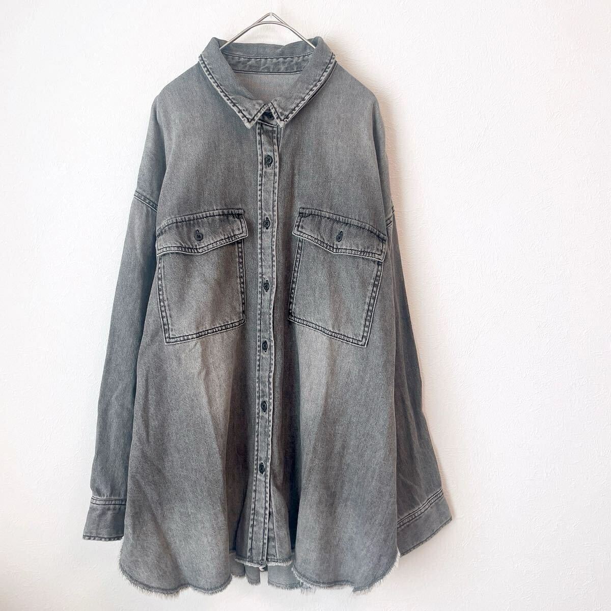 ブラックLEPSIMレプシィム ムラブリーチ デニムBIGシャツ長袖トップス黒ブラウス ビッグシルエット オーバーサイズ ドロップショルダーM拍卖