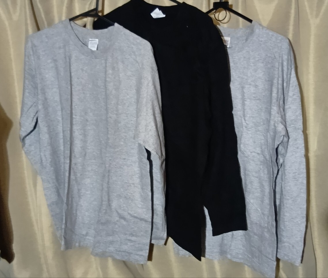 プリントスター 長袖Tシャツ Lサイズ 3枚セット ロンT 杢グレー 黒 無地 7.4oz:1 5.6oz:2 古着 Printstar 拍卖
