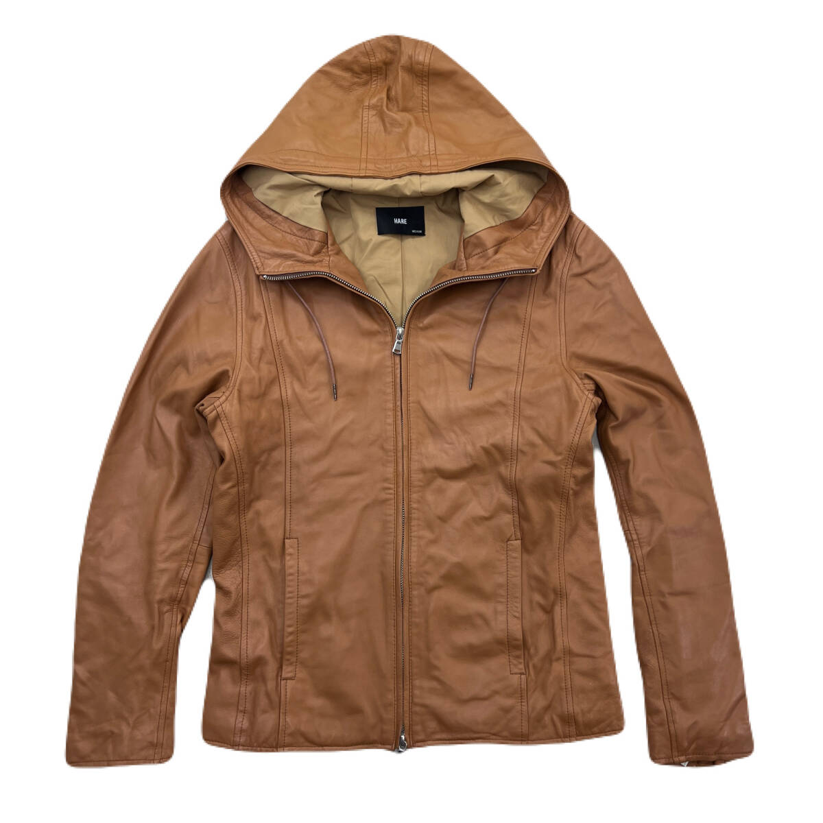 ハレ HARE 羊革 レザー ジャケット パーカー ベージュブラウン Mサイズ メンズ 扱いやすい革 ●E340拍卖