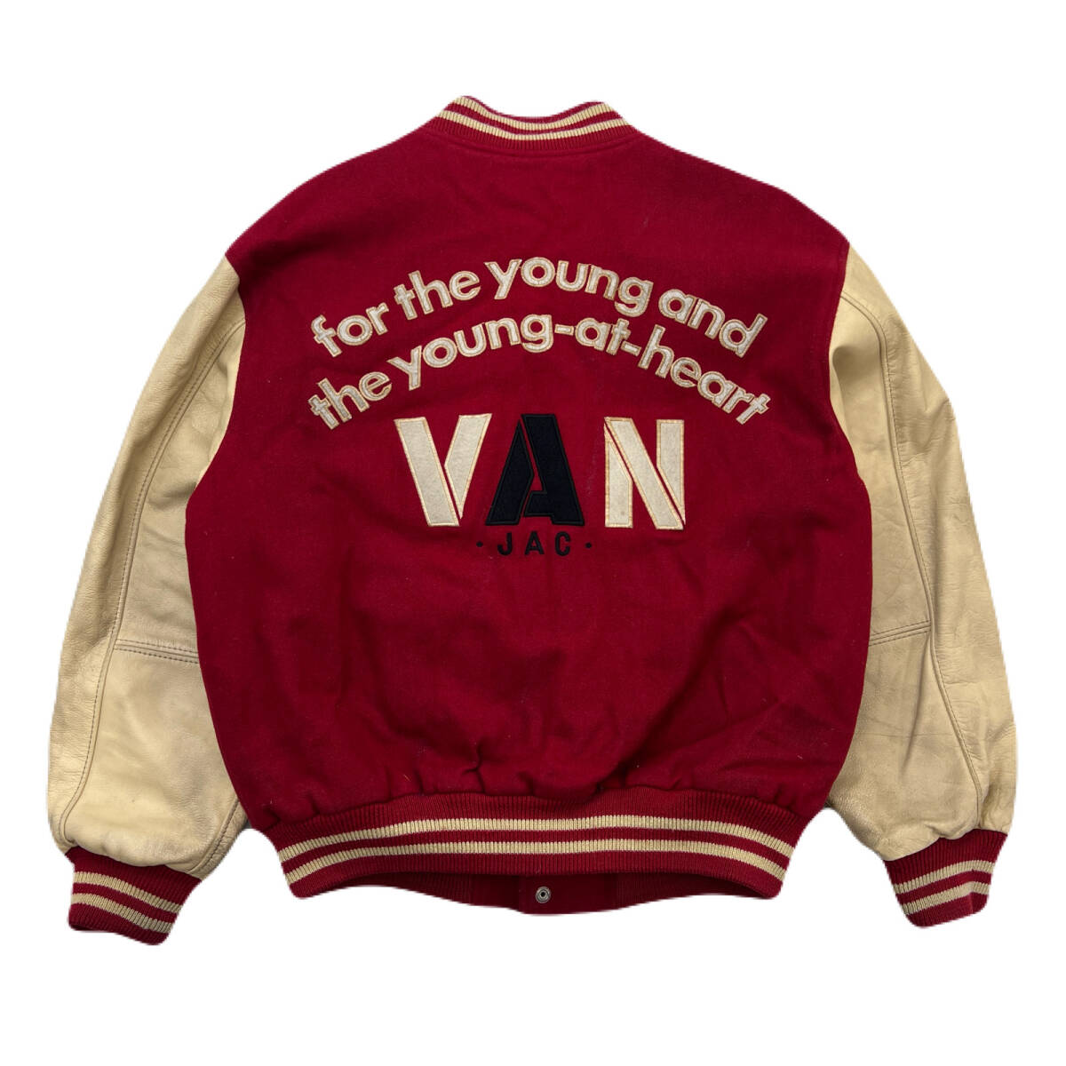 VAN JAC ヴァンジャケット アーチロゴ スタジャン アワードジャケット 袖革 レザースリーブ L相当 レッド ベージュ ●AA346拍卖