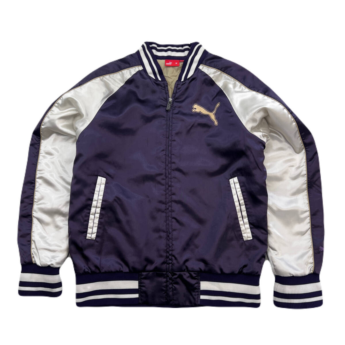 プーマ 中綿 ナイロンジャケット スカジャン 背ロゴ 紫 シルバー 銀 Mサイズ メンズ ●BB343拍卖