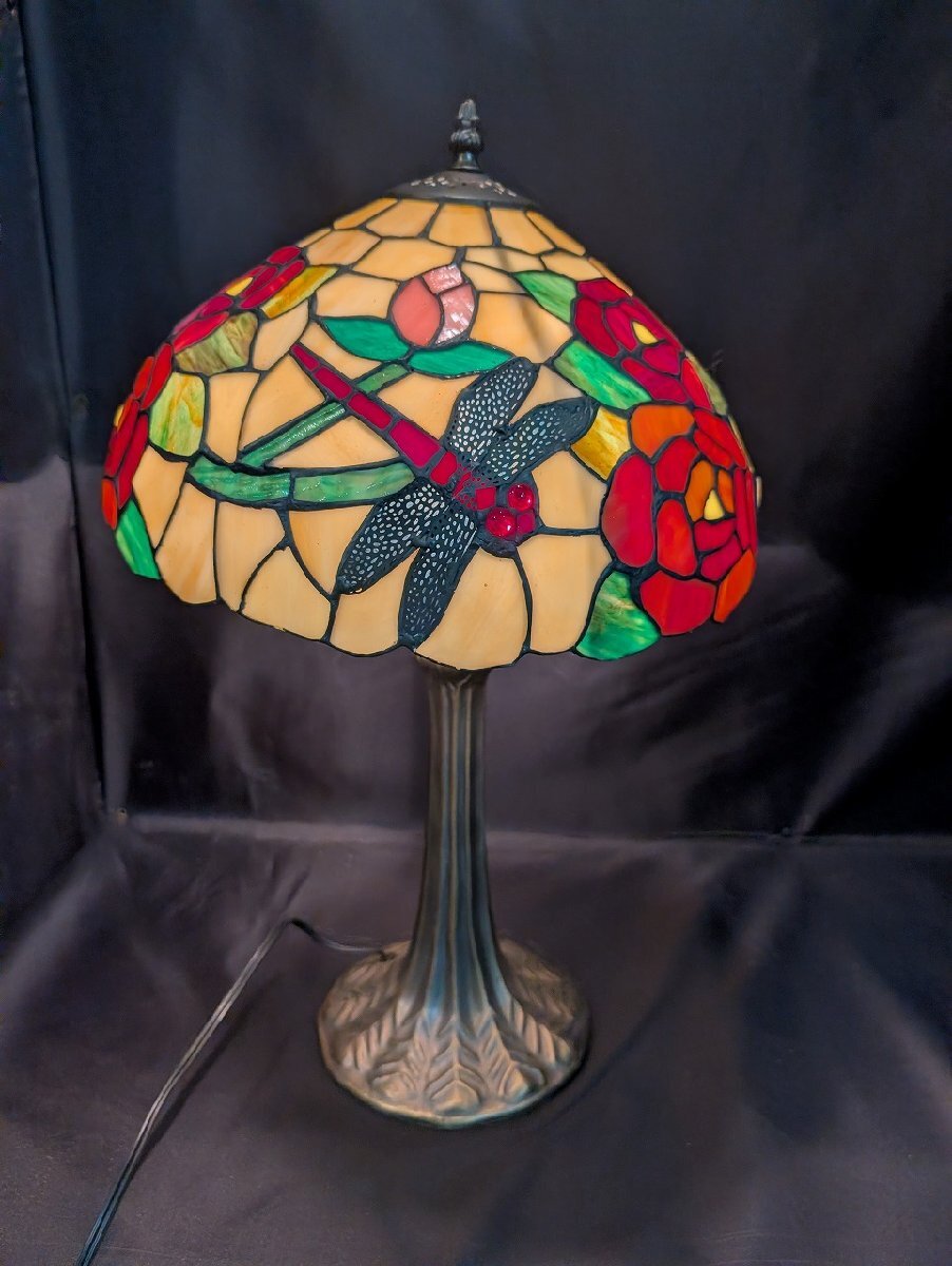 テーブルスタンド ステンドグラス 花柄 トンボ 蜻蛉 フラワー ランプ 卓上ライト ベッドサイドランプ 照明/アンティーク ビンテージ拍卖