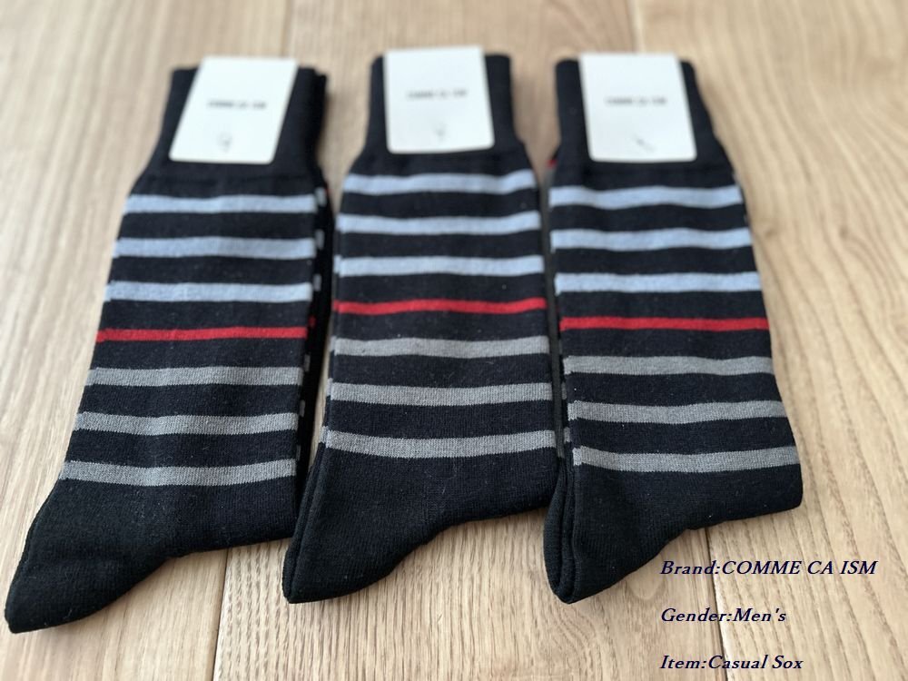 新品 COMME CA ISM MEN コムサイズム 抗菌防臭加工 かわいいボーダー柄 クルーソックス 09ネイビー 3足SET 25-27cm拍卖