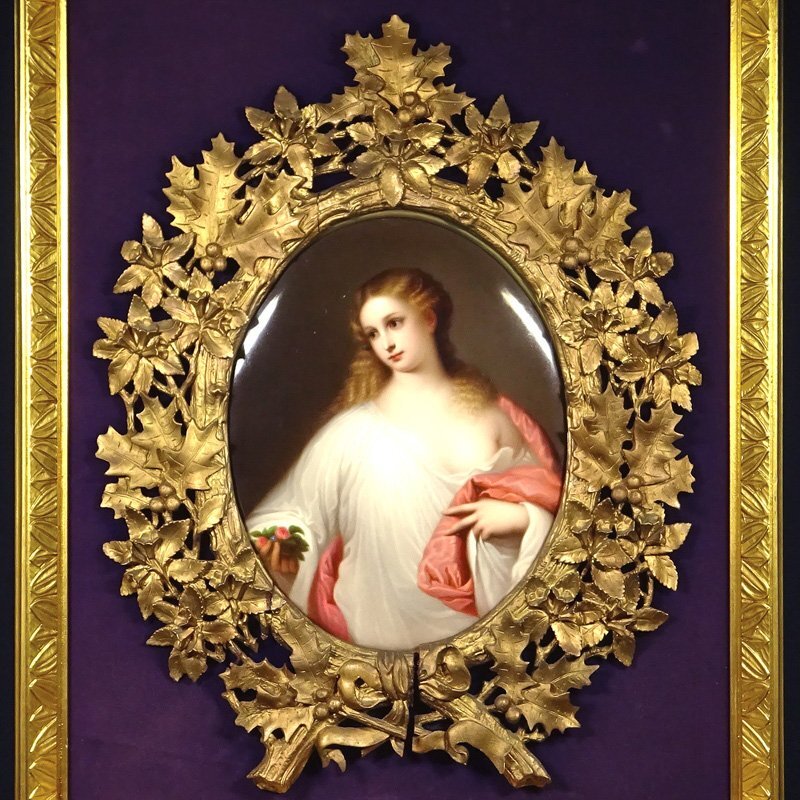 慶應◆19世紀後期【KPM ベルリン王立磁器製陶所】総手描き細密陶板画 ティツィアーノ原画『Flora フローラ』プラーク 豪華二重仕立て額装拍卖