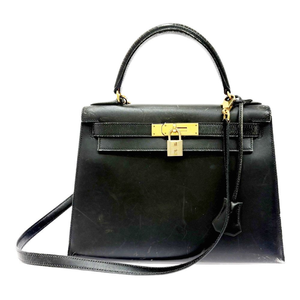 【1円スタート】HERMES エルメス ケリー28 ボックスカーフ □B刻印 ゴールド金具 ブラック ハンドバッグ 518745拍卖
