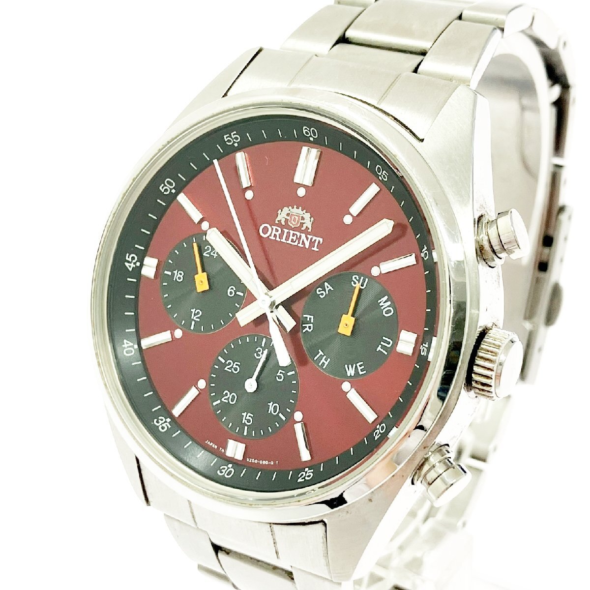 【1円スタート】【訳あり品】ORIENT オリエント UZ00-C0-B デイデイト SS レッド系文字盤 クオーツ メンズ腕時計 512738拍卖