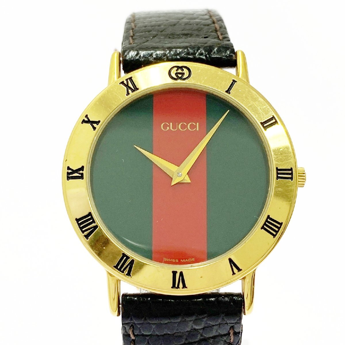 【1円スタート】GUCCI グッチ 3000.2.M GP グリーン×レッド文字盤 クオーツ メンズ腕時計 510634拍卖