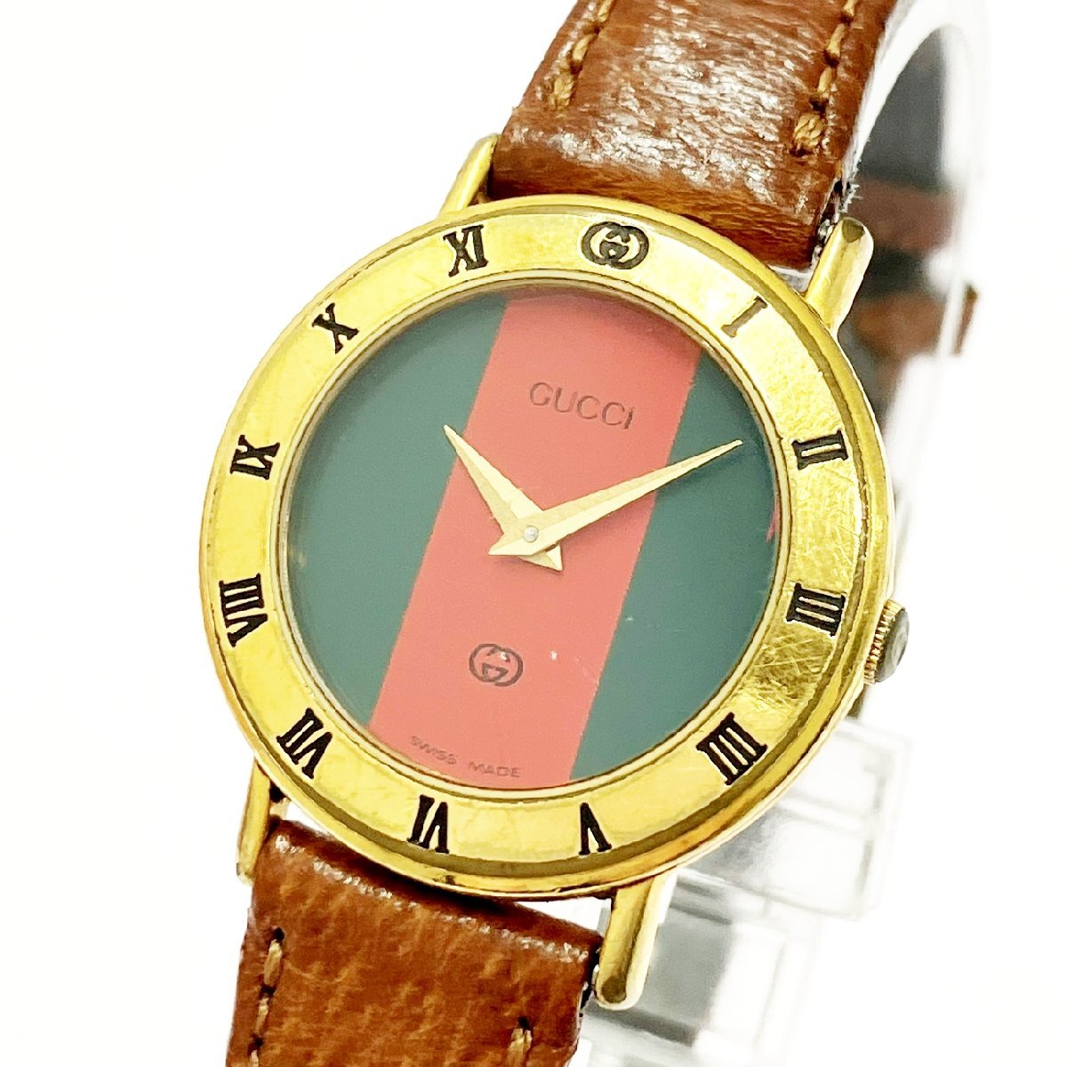 【1円スタート】【訳あり品】GUCCI グッチ 3000L ラウンド GP グリーン×レッド文字盤 クオーツ レディース腕時計 517518拍卖