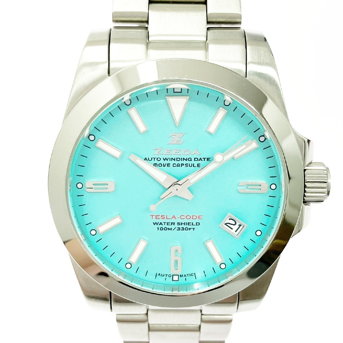 【1円スタート】【箱付き】ZEEDA ジーダ TESLA CODE テスラコード SS ターコイズブルー文字盤 自動巻き メンズ腕時計 507548拍卖