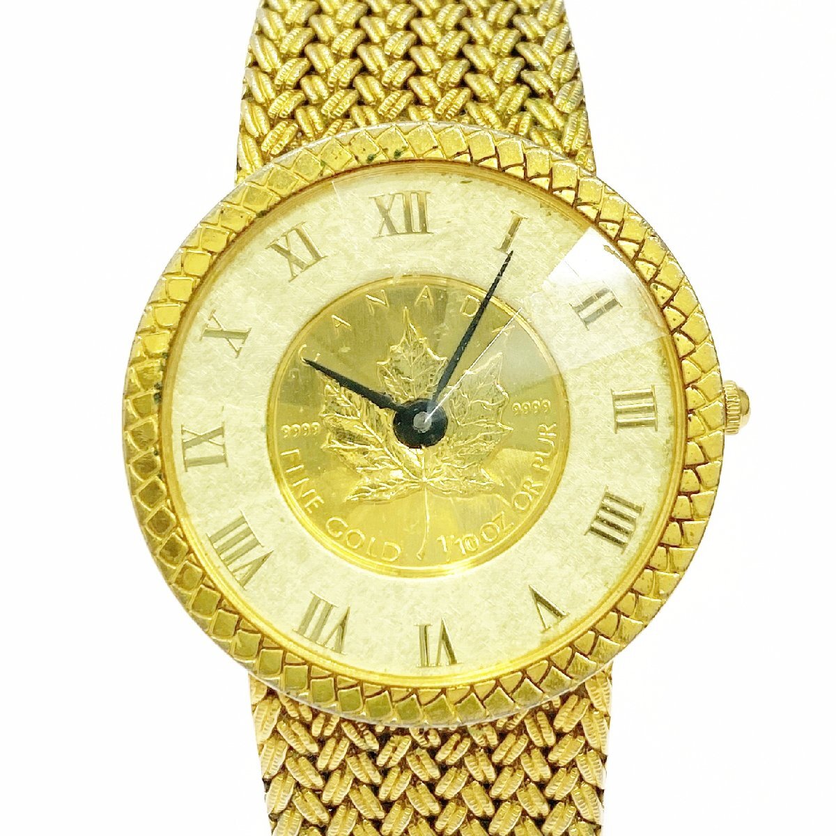 【1円スタート】CANADA カナダ メイプルリーフコイン FINE GOLD 1/10oz カットガラス ゴールド文字盤 クオーツ ボーイズ腕時計 516843拍卖