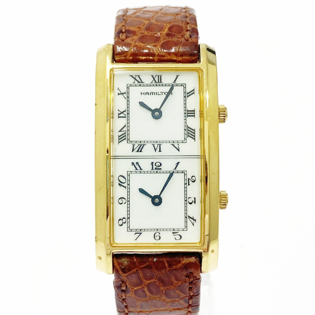 【1円スタート】HAMILTON ハミルトン 6232 アメリカントラベラー デュアルタイム SS×GP ホワイト文字盤 QZ ボーイズ腕時計 516842拍卖