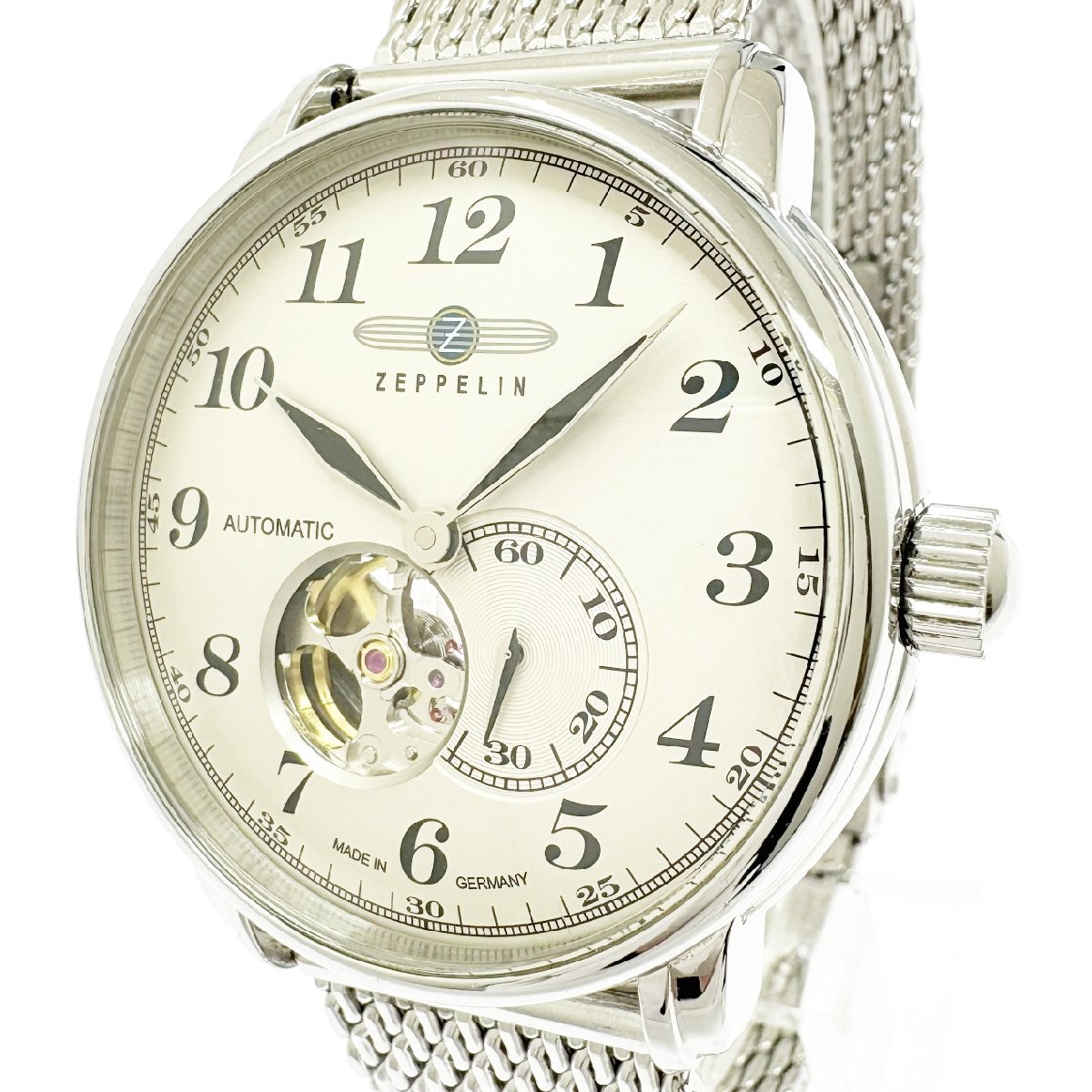 【1円スタート】【訳あり品】ZEPPELIN ツェッペリン 7666-5 オープンハート 21石 SS シルバー系文字盤 自動巻き メンズ腕時計 517375拍卖