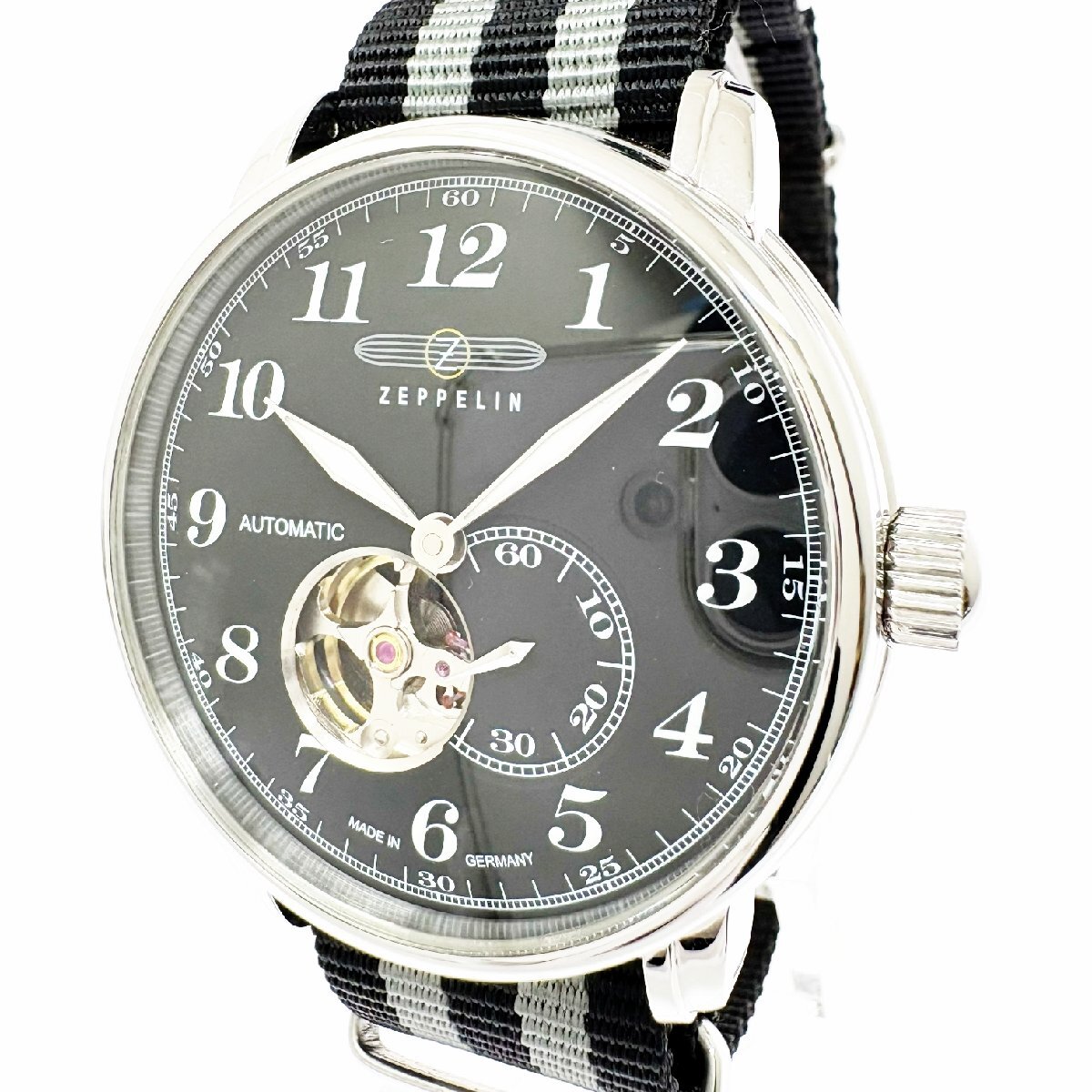 【1円スタート】【訳あり品】ZEPPELIN ツェッペリン 7666-2 オープンハート 21石 SS ブラック文字盤 自動巻き メンズ腕時計 517376拍卖