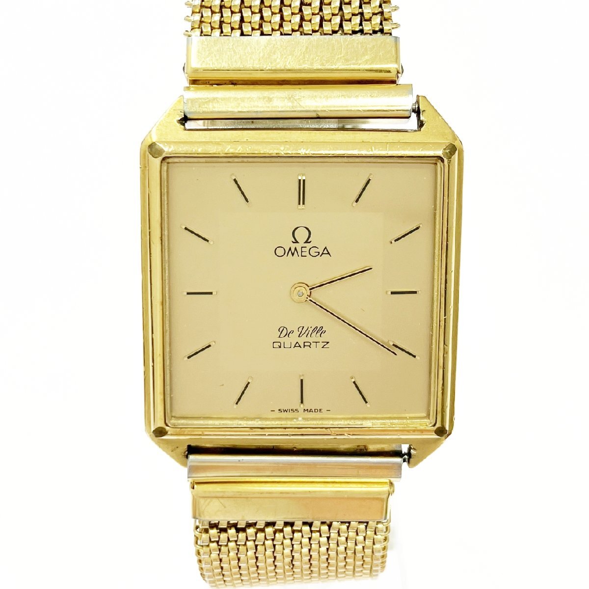 【1円スタート】OMEGA オメガ デビル スクエア GP×SS ゴールド文字盤 プッシュ式 クオーツ ボーイズ腕時計 516886拍卖