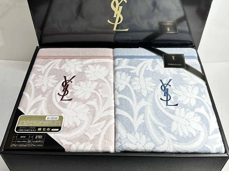 コレクター必見 未使用 YVESSAINTLAURENT イブサンローラン イヴサンローラン 綿毛布 2点 ペア 毛布 綿100% シングル 寝具 布団 元箱 Zr686拍卖