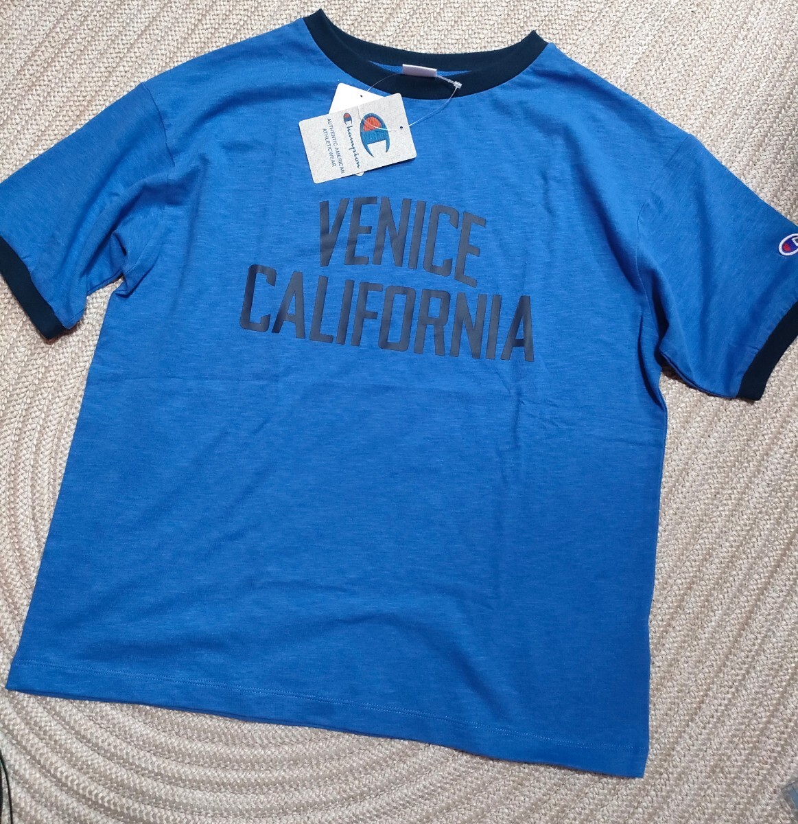 新品 Champion VENICE CALIFORNIA プリント 半袖 Tシャツ L ブルー ジャーナルスタンダード 別注 チャンピオン 冷感 リンガー拍卖