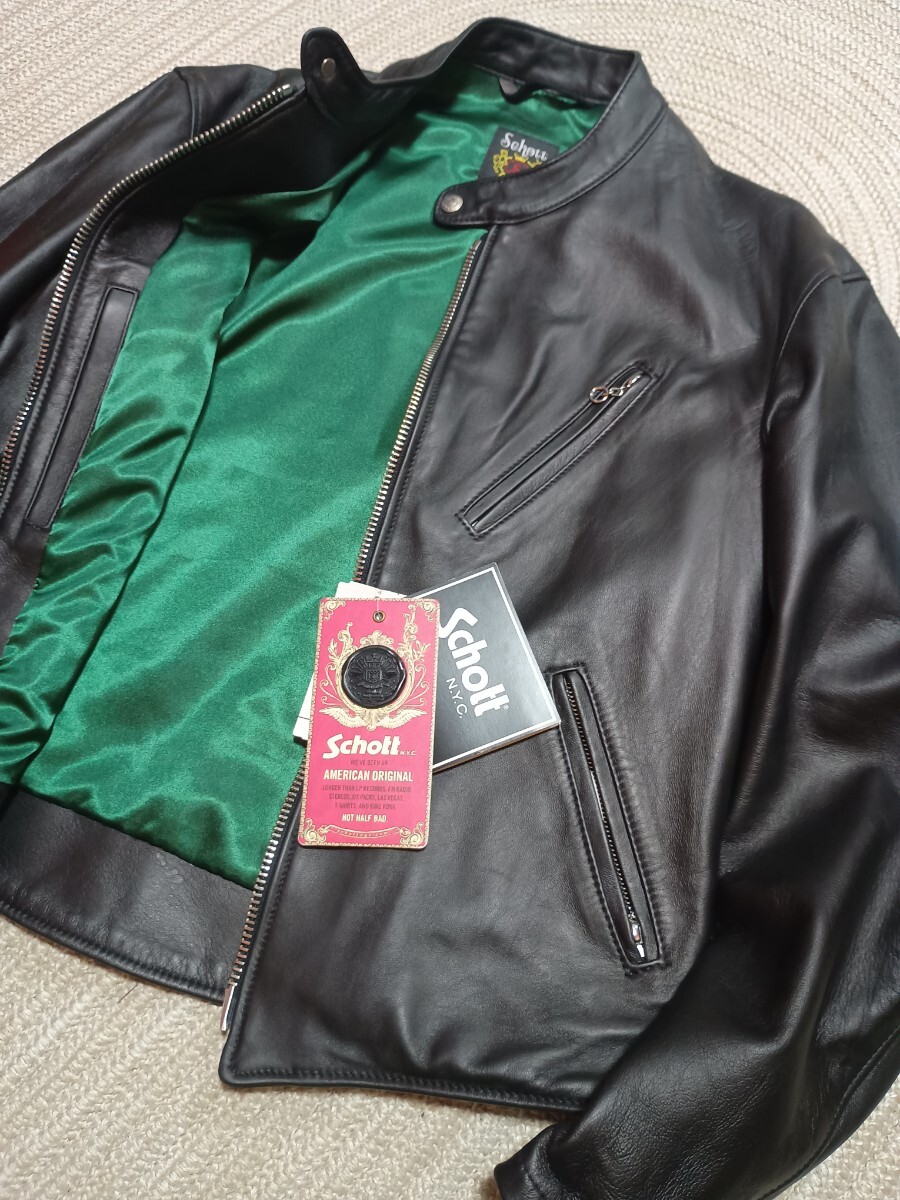 ほぼ新品 アメリカ製 Schott ショット レザージャケット 244US 羊革 44 TALL グリーン裏地 ライダース シングル 2021年モデル ブラック拍卖