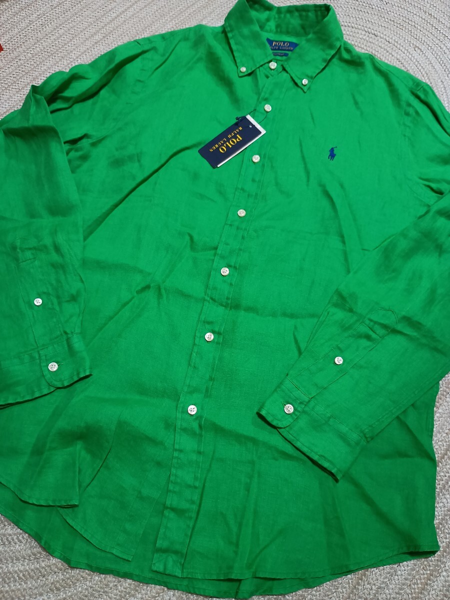新品 定価18590 POLO RALPH LAUREN ポロ ラルフローレン ボタンダウン リネン 長袖 シャツ US-L グリーン 緑 クラシックフィット拍卖