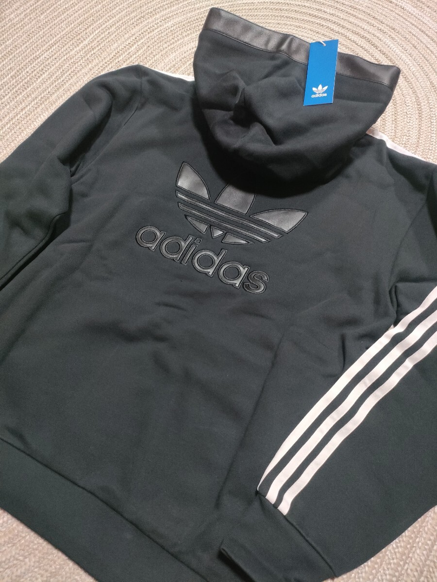 新品 定価15400 adidas フェイクレザー スウェット パーカー L ブラック 黒 メンズ アディダス オリジナルス 3本ライン 拍卖