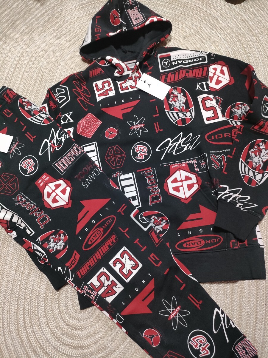新品 未使用 NIKE JORDAN 総柄 スウェット パーカー セットアップ XL ブラック×レッド ナイキ ジョーダン 上下 メンズ パンツ拍卖