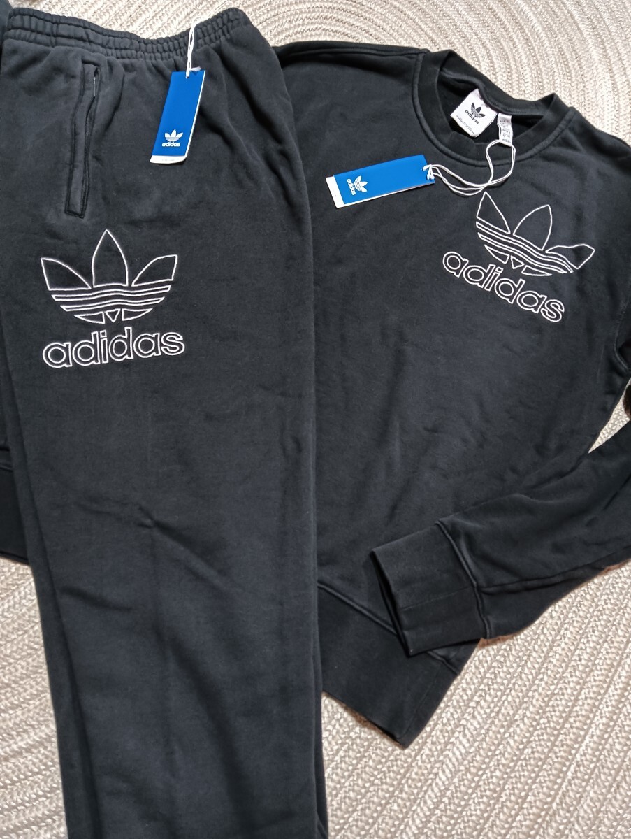 新品 定価22000 adidas スウェット クルーネック セットアップ XL ブラック 黒 アディダス パーカー パンツ メンズ 上下 裏毛拍卖