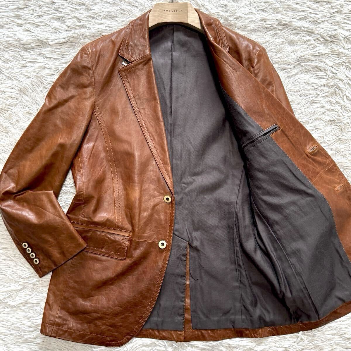 希少L 美品【極上ラムレザー】pierre cardin レザー テーラードジャケット 羊革 ブラウン 本革 レザージャケット 2way ピエールカルダン 艶拍卖