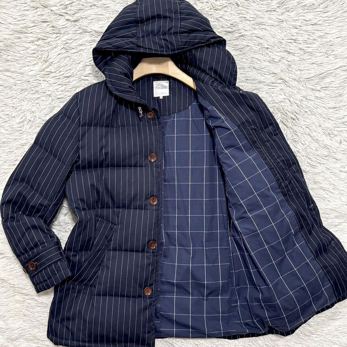 希少LL!!極美品!!【極暖の最上級】ミツミネ フード着脱 2way ダウンジャケット ネイビー ダウンコート ストライプ 肉厚パンパン XL 真冬◎拍卖