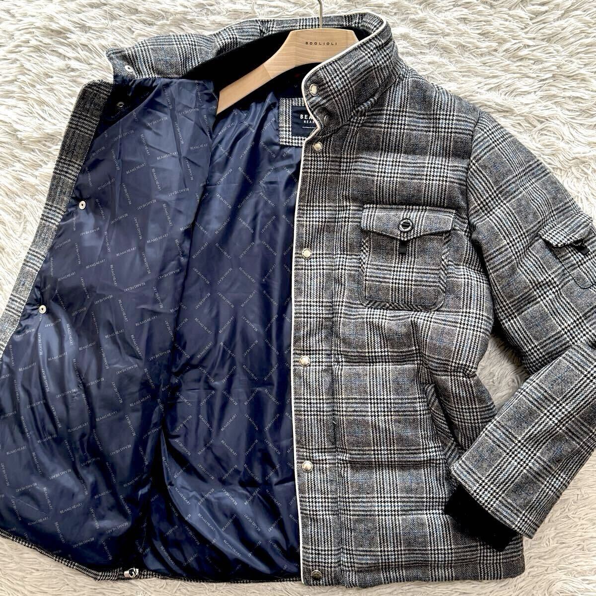 希少L!!極美品!!【色気のグレンチェック】BEAMS HEART ツイード 肉厚 ダウンジャケット グレー ビームスハート 総柄裏地 モコモコ 極暖◎拍卖