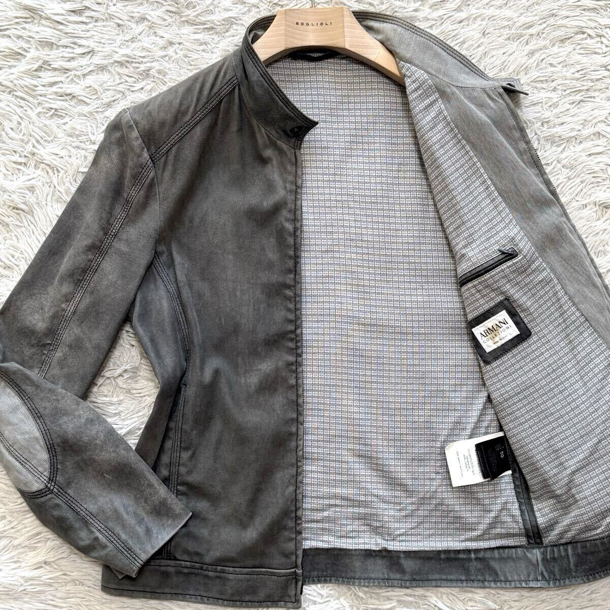 希少XL【極上ラムレザー】ARMANI COLLEZIONI シングル ライダースジャケット イタリア製 羊革 グレー アルマーニ コレッツォーニ 本革 高級拍卖