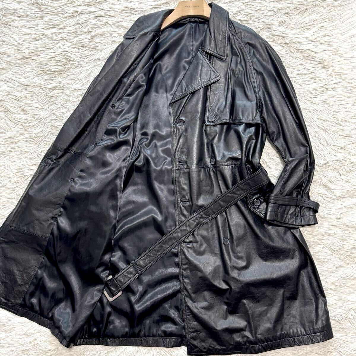 希少L!!極美品!!【圧倒的存在感】光沢 レザー ロングコート 牛革 トレンチコート 着丈101cm ダブル ブラック ベルト付き 本革 レザーコート拍卖