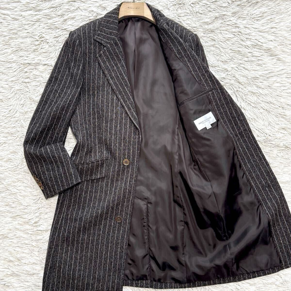 未使用級!!【極上カシミヤ】MEN’S TENORAS チェスターコート ストライプ ロングコート ブラウン Mサイズ ウール ティノラス 色気 高級感◎拍卖