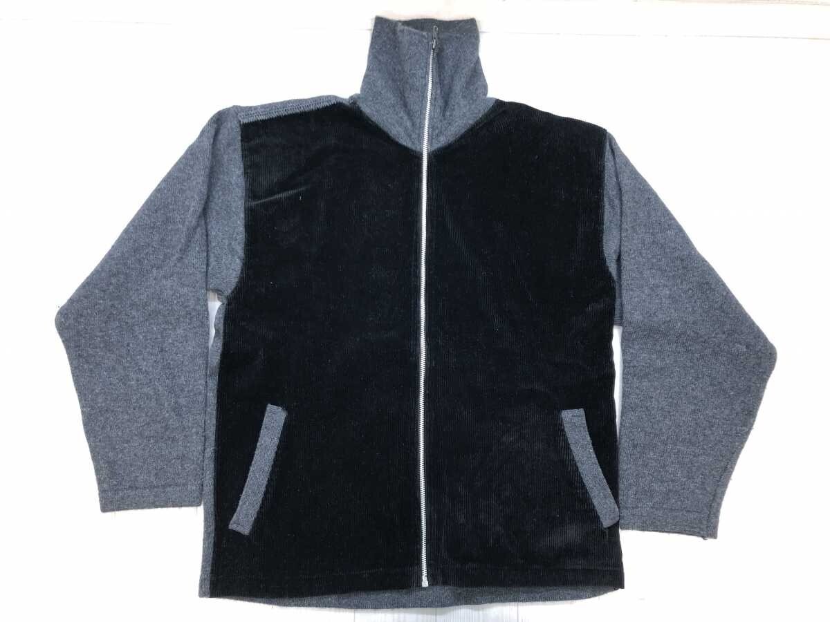 Rapax レトロ オールド ニット×コーデュロイ 異素材切替 フルジップ ハイネック ジャケット メンズ ウール混合 M 黒グレー拍卖