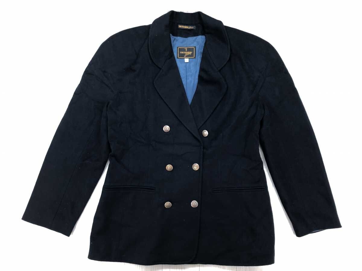 ITALY製 トラサルディ TRUSSARDI レトロ トラッド ダブル メルトン ブレザー テーラード ジャケット レディース ウール混合 28/42 紺拍卖